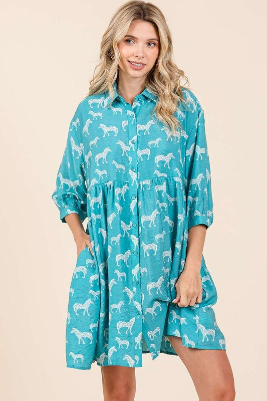 Zebra Print Button-Down Shirt Mini Dress For Women – Bold and Fashion-Forward with Tiered Detail