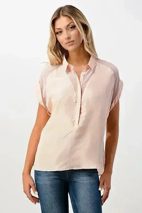 Rolled Sleeve Satin Blouse – Silk V-Neck Button-Up Tope | Femstylo