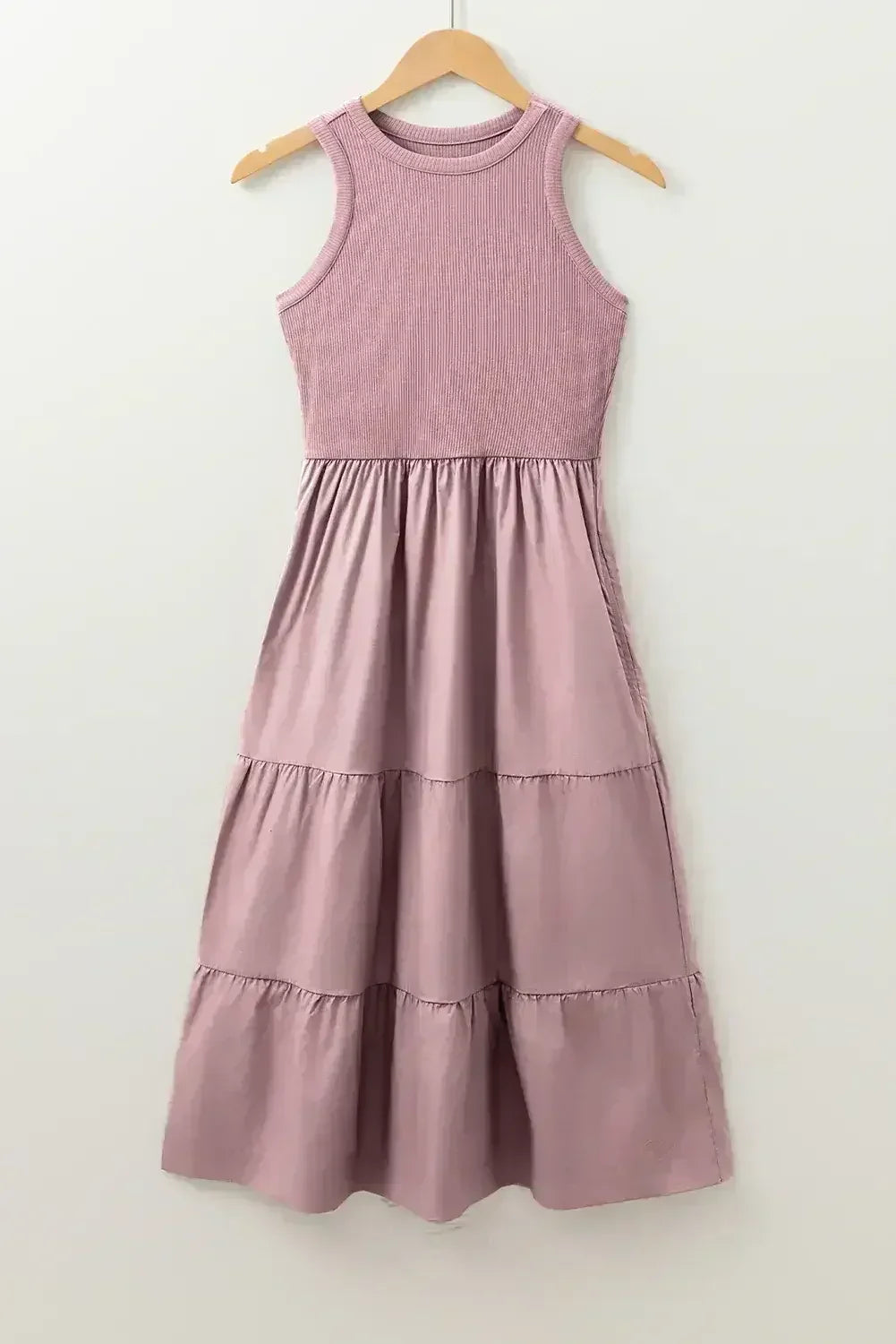 Sepia Rose Ribbed Vest Patchwork Tiered Midi Dress
