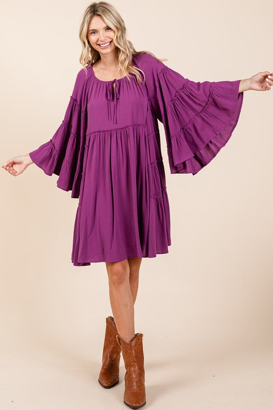 Frill Tie Neck Bell Sleeve Dress For Women – Elegant, Chic and Feminine Dress with Playful Frills and Bell Sleeves