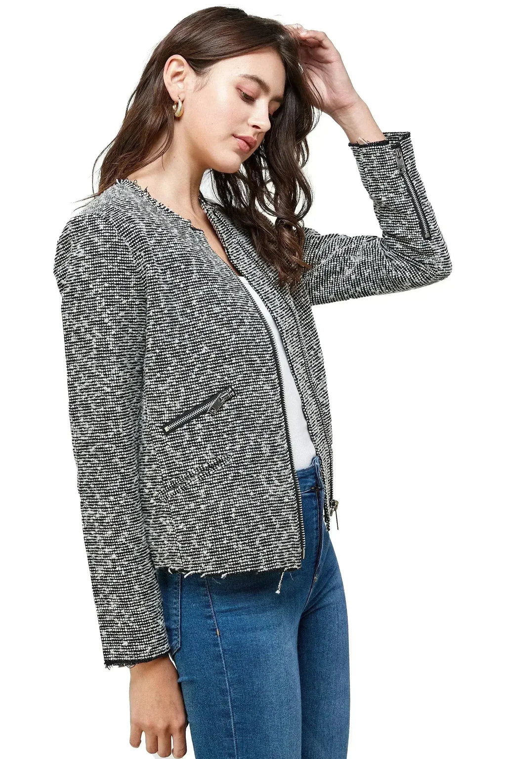 Boucle Tweed Biker Jacket - Textured Zip-Up Jacket for Women | Femstylo