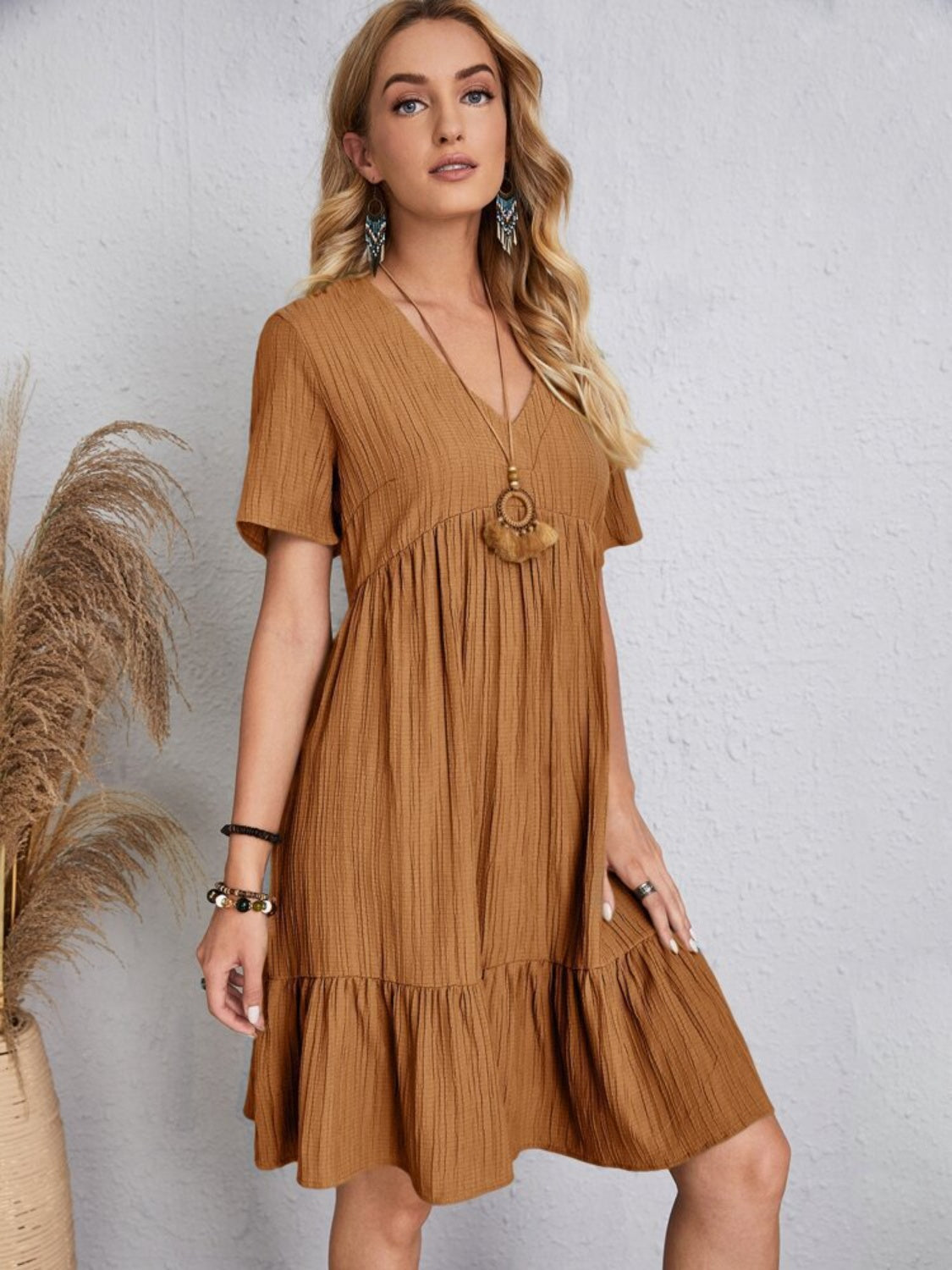 Classic Full Size V-Neck Short Sleeve Dress Casual & Comfortable Dress for Women