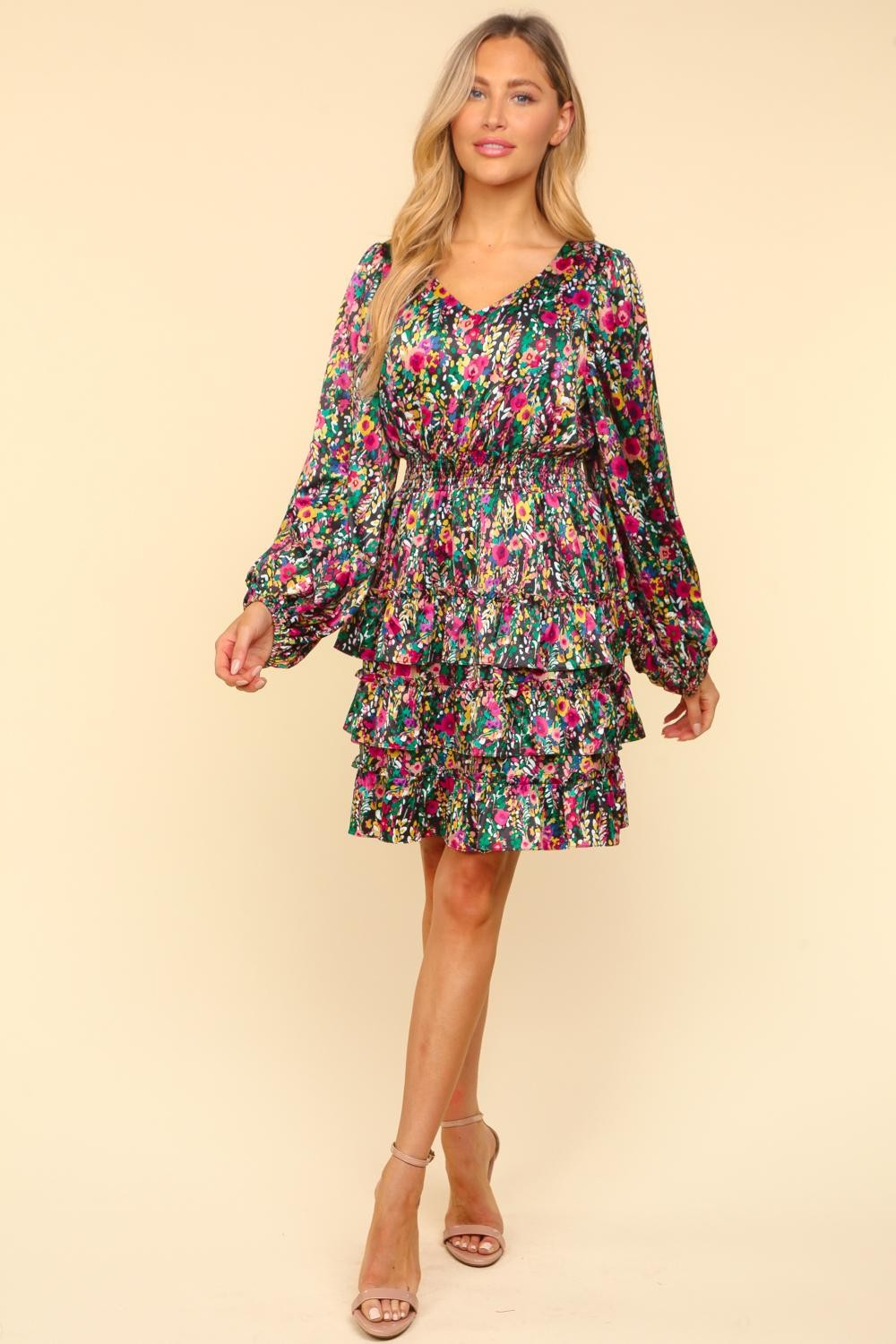 V-Neck Satin Floral Layered Dress – Satin Floral Dress, Layered V-Neck Dress, Elegant Floral Dress, Flowy Satin Dress, Summer Party Dress