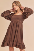 New Ruffled Hem Square Neck Balloon Sleeve Mini Dress For Women – Trendy, Elegant, Feminine & Fashion-Forward