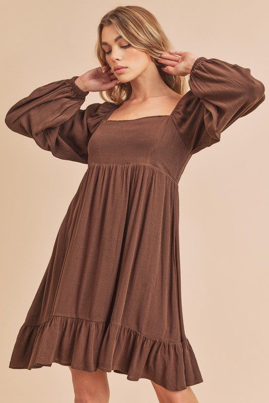 New Ruffled Hem Square Neck Balloon Sleeve Mini Dress For Women – Trendy, Elegant, Feminine & Fashion-Forward
