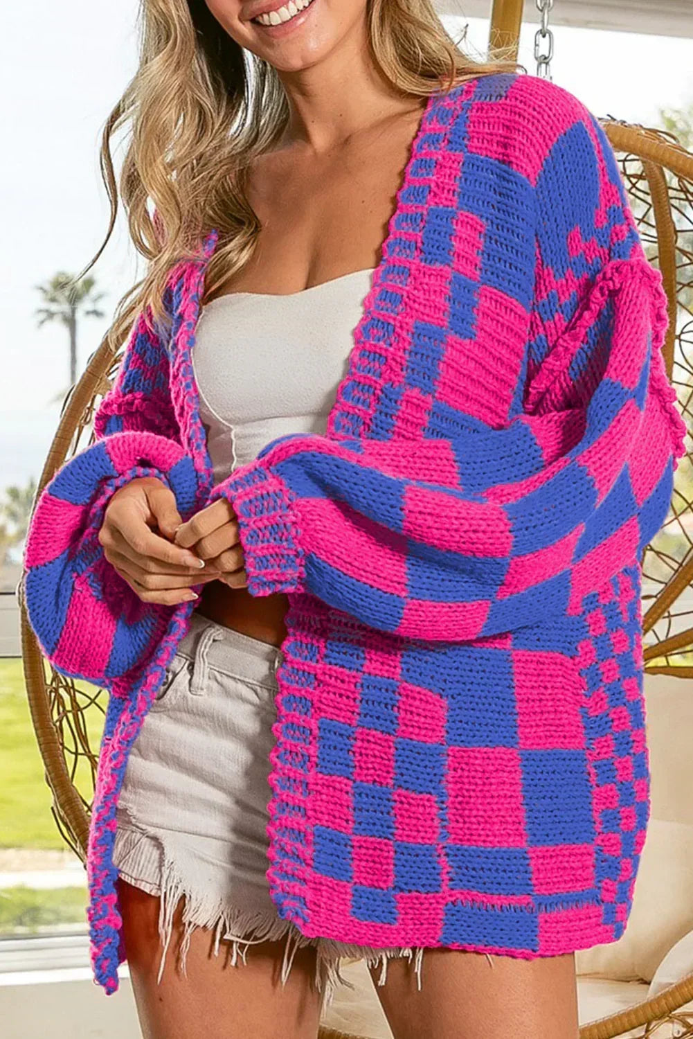 Taupe Colorblock Checked Open Front Knitted Cardigan
