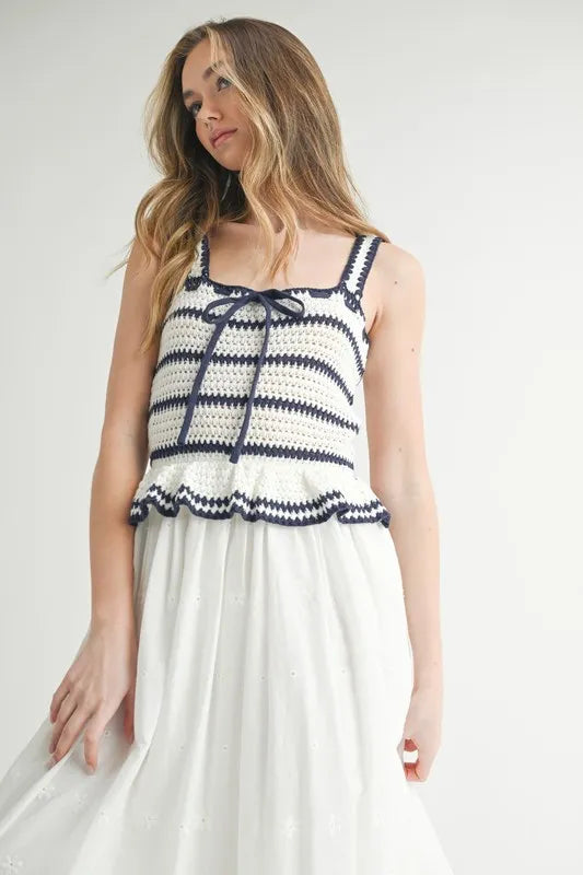 Crochet Stripe Knit Eyelet Mix Midi Dress – Crochet Midi Dress, Stripe Knit Dress, Eyelet Mix Dress, Trendy Midi Dress, Versatile Midi Dress