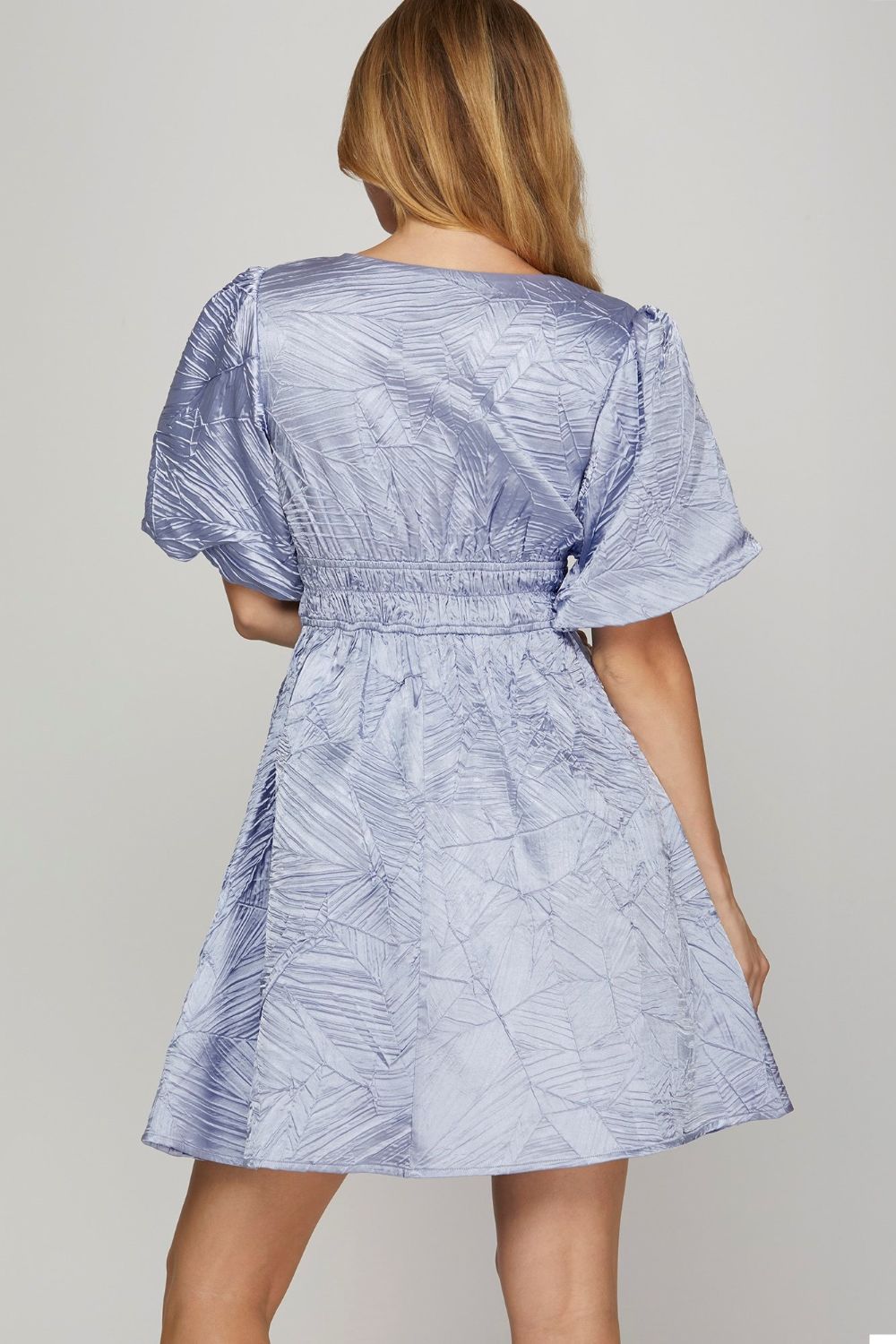 New Crinkle Woven V-Neck Balloon Sleeve Mini Dress – Chic and Feminine Mini Dress with Crinkle Woven Fabric, V-Neckline, and Trendy Balloon Sleeves