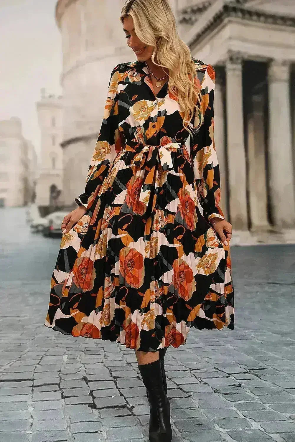 Floral Pleated Shirt Dress - Waist Tie Midi Dress | Femstylo