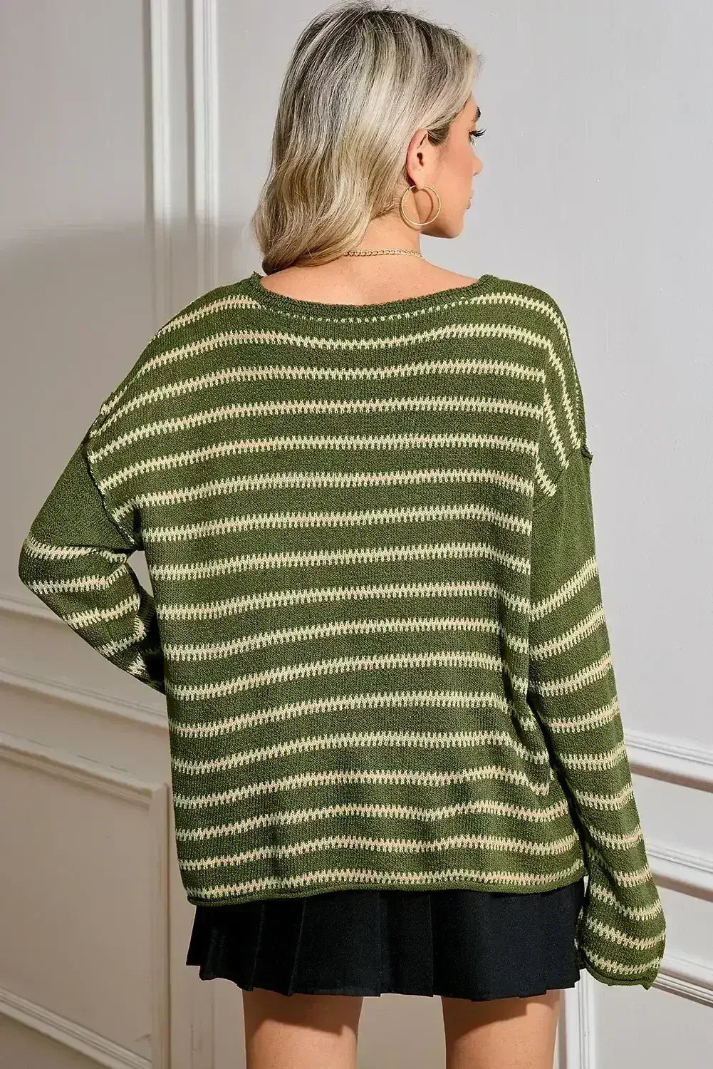 Brown Stripe Casual Round Neck Drop Shoulder Sweater