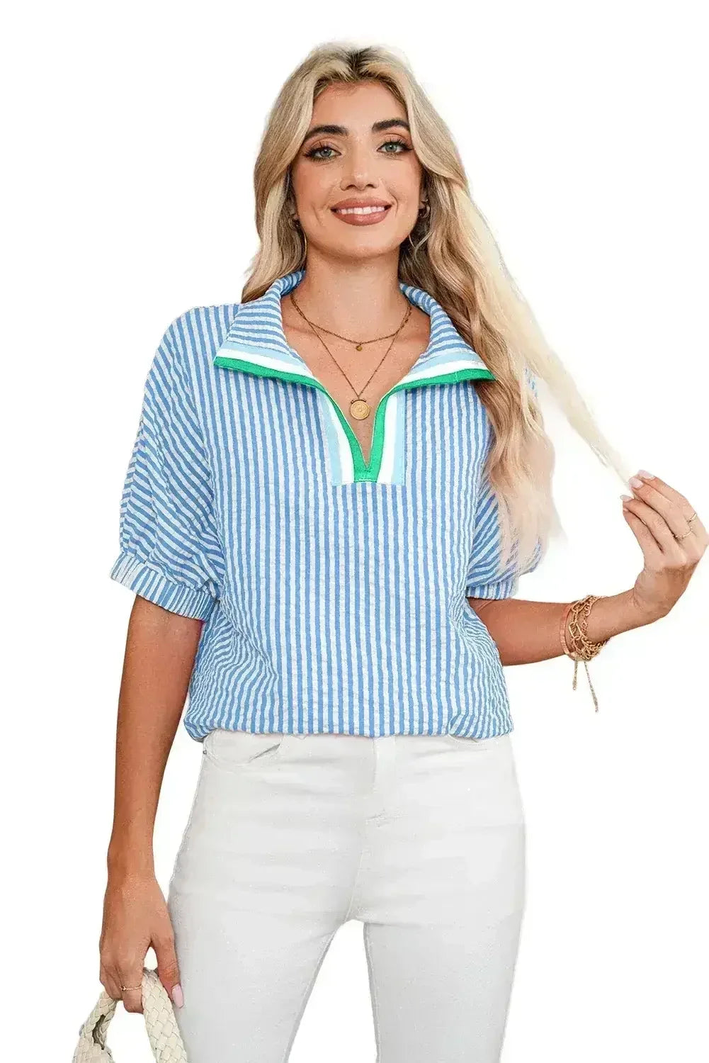Sachet Pink Striped Dolman Sleeve Color Neckline Blouse | Femstylo
