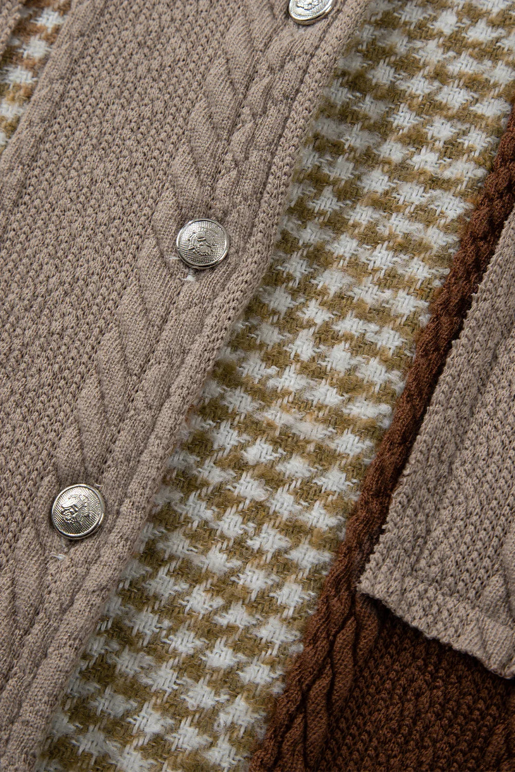 Khaki Houndstooth Patchwork Shacket | Fit Textured Jacket - Femstylo