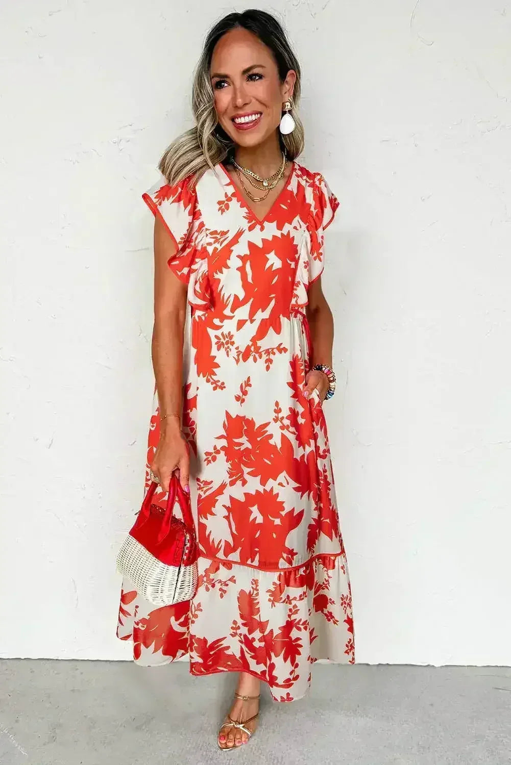 Red Floral Print Trimmed V Neck Ruffle Sleeve Maxi Dress