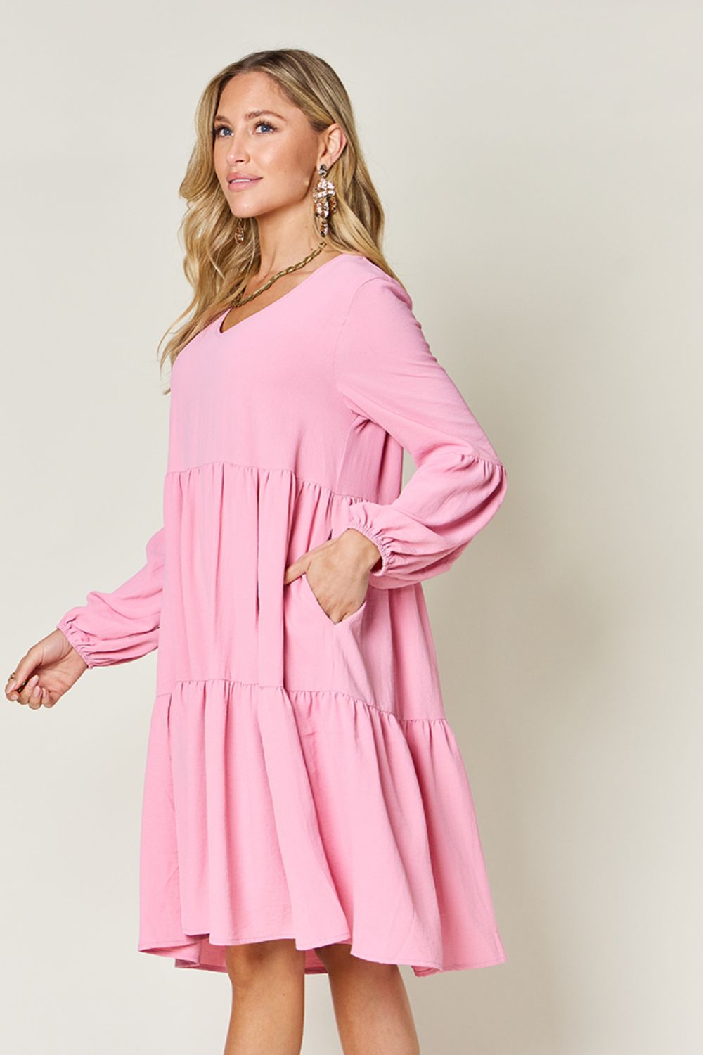 Light Green Double Take Full Size V-Neck Sleeve Tiered Dress with Pockets Elegant & Comfortable Casual Dress