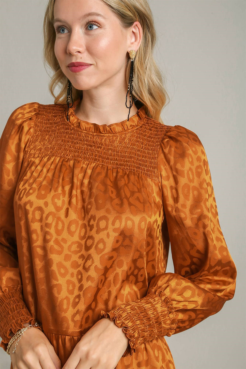 Smocked Leopard Long Sleeve Tiered Dress – Smocked Bodice, Bold Leopard Print, Tiered Design, Frill Details, Chic Dress for Casual and Semi-Formal Occasions