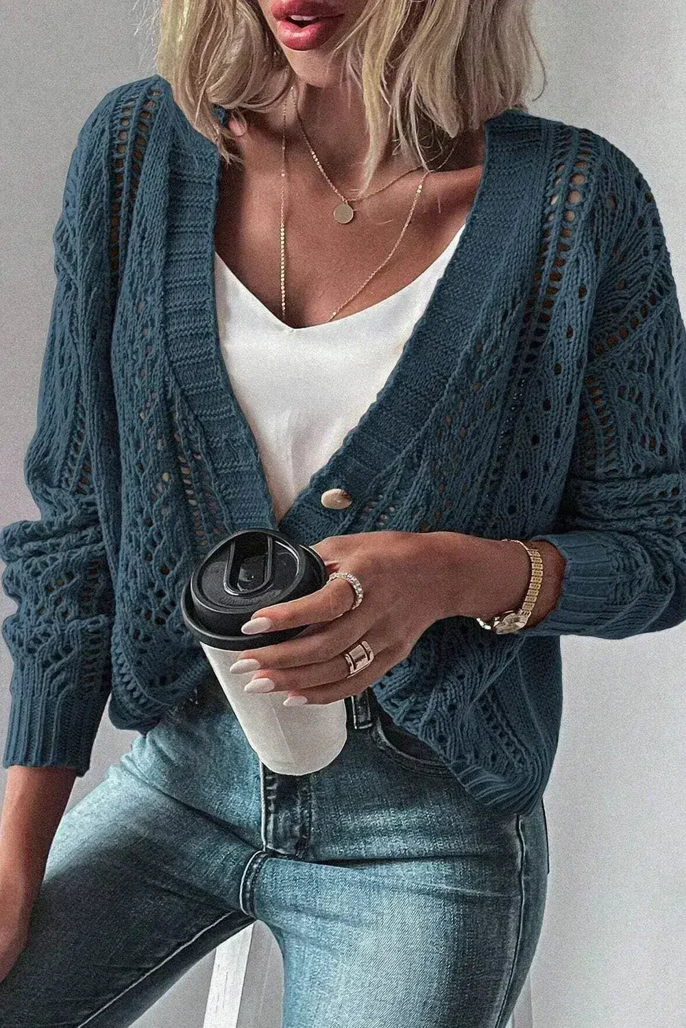 Dark Khaki Cardigan – Open Knit Drop Shoulder Sweater | Cotton-Acrylic Blend