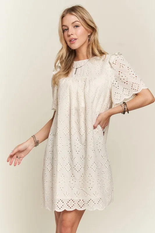 Ruffled Eyelet Round Neck Summer Dress For Women – Elegant Feminine Eyelet Dress with Ruffled Details for Garden Parties & Special Occasions