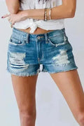 Distressed Mid Rise Frayed Hem Denim Shorts