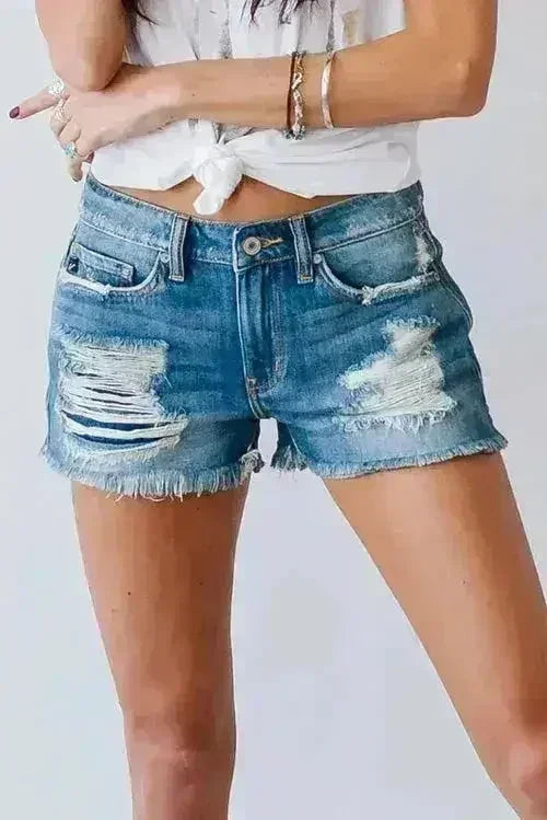 Distressed Mid Rise Frayed Hem Denim Shorts