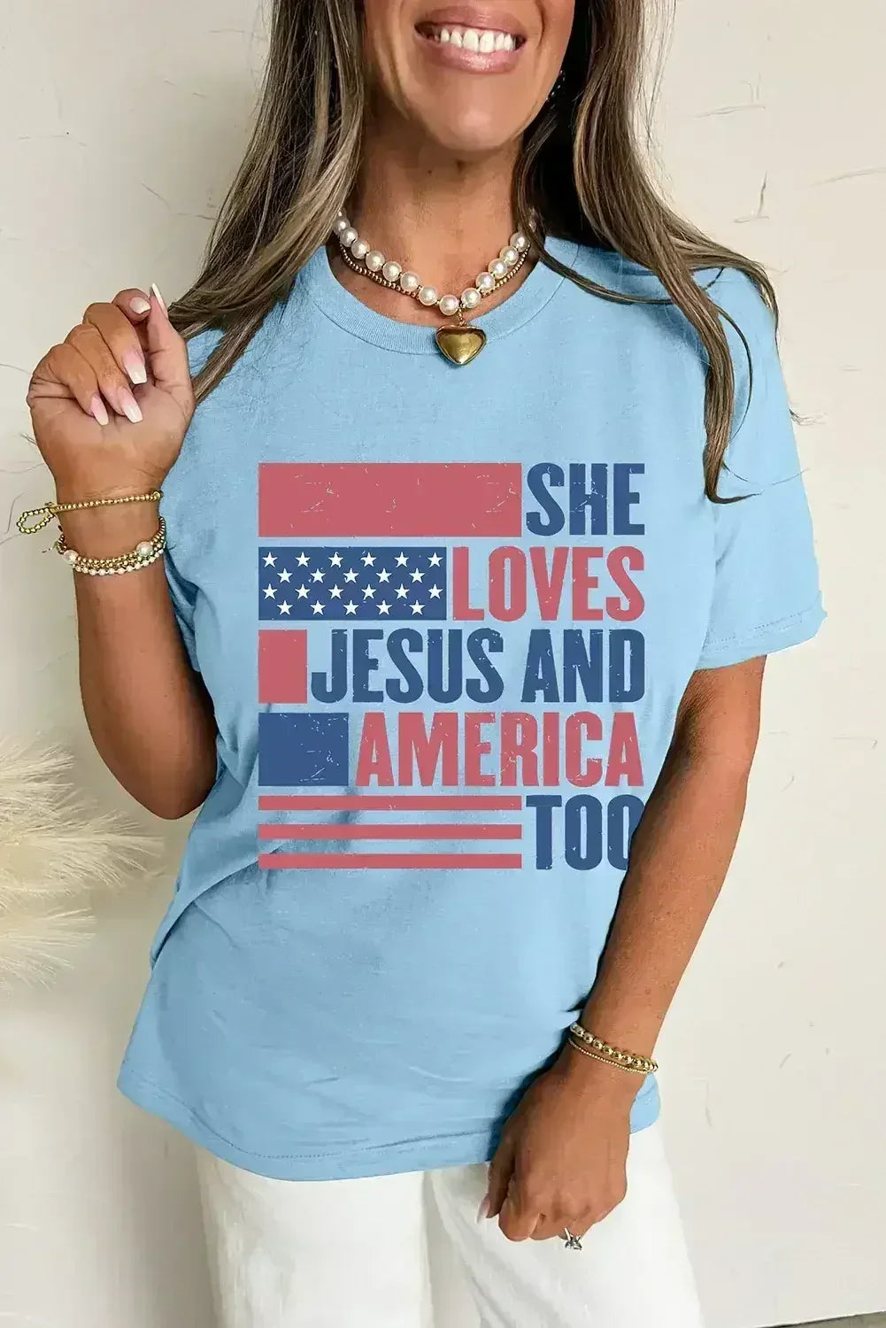Light Blue SHE LOVES JESUS AND AMERICA TOO Patriotic T Shirt