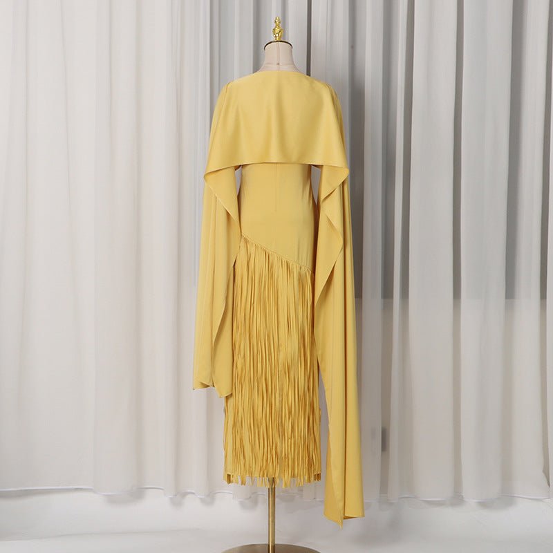 Cape Overlay Dress with Fringe Hem(MS363)