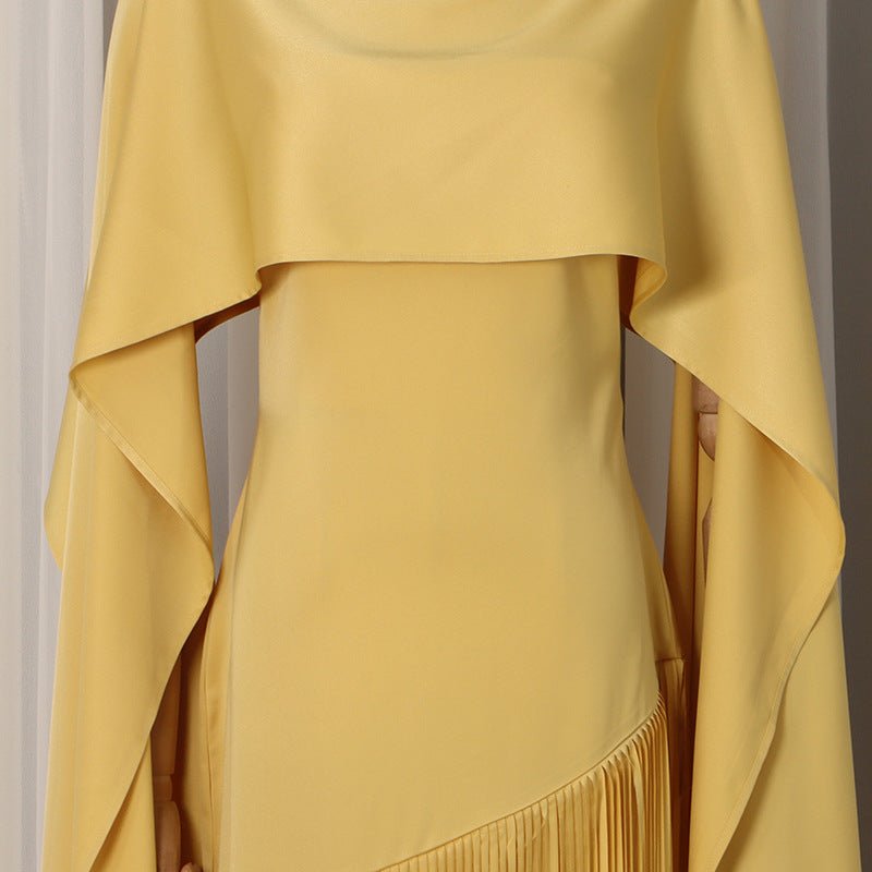 Cape Overlay Dress with Fringe Hem(MS363)