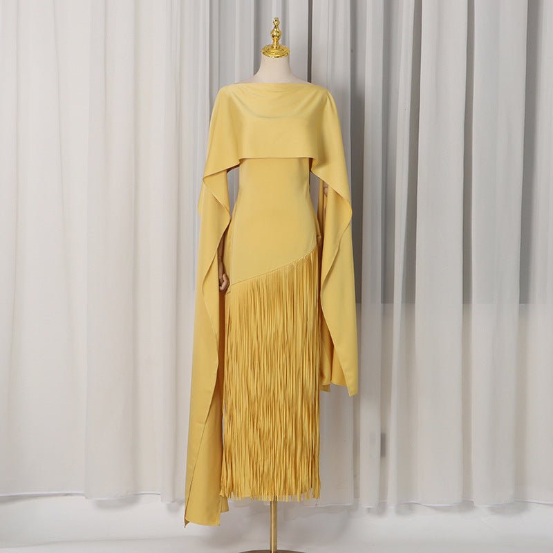 Cape Overlay Dress with Fringe Hem(MS363)