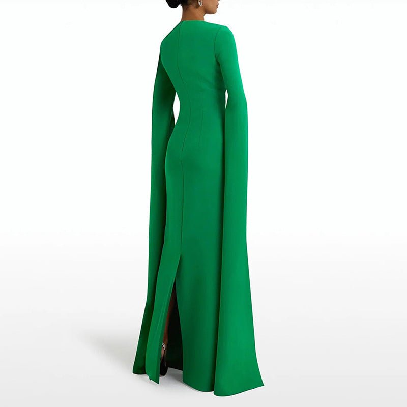 Cape Sleeve Evening Gown | Scalloped Neck Fitted Maxi Dress with Back Slit(MS217)