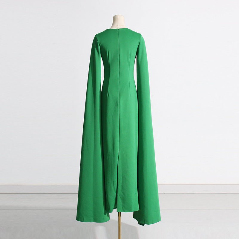 Cape Sleeve Evening Gown | Scalloped Neck Fitted Maxi Dress with Back Slit(MS217)