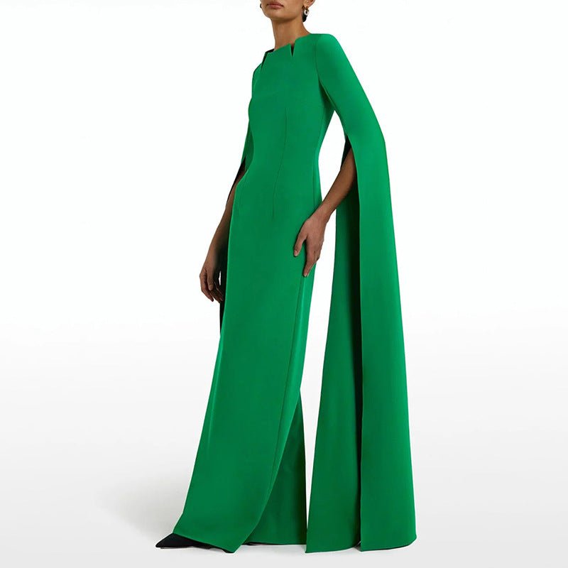 Cape Sleeve Evening Gown | Scalloped Neck Fitted Maxi Dress with Back Slit(MS217)
