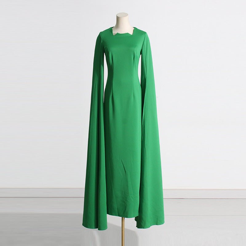 Cape Sleeve Evening Gown | Scalloped Neck Fitted Maxi Dress with Back Slit(MS217)