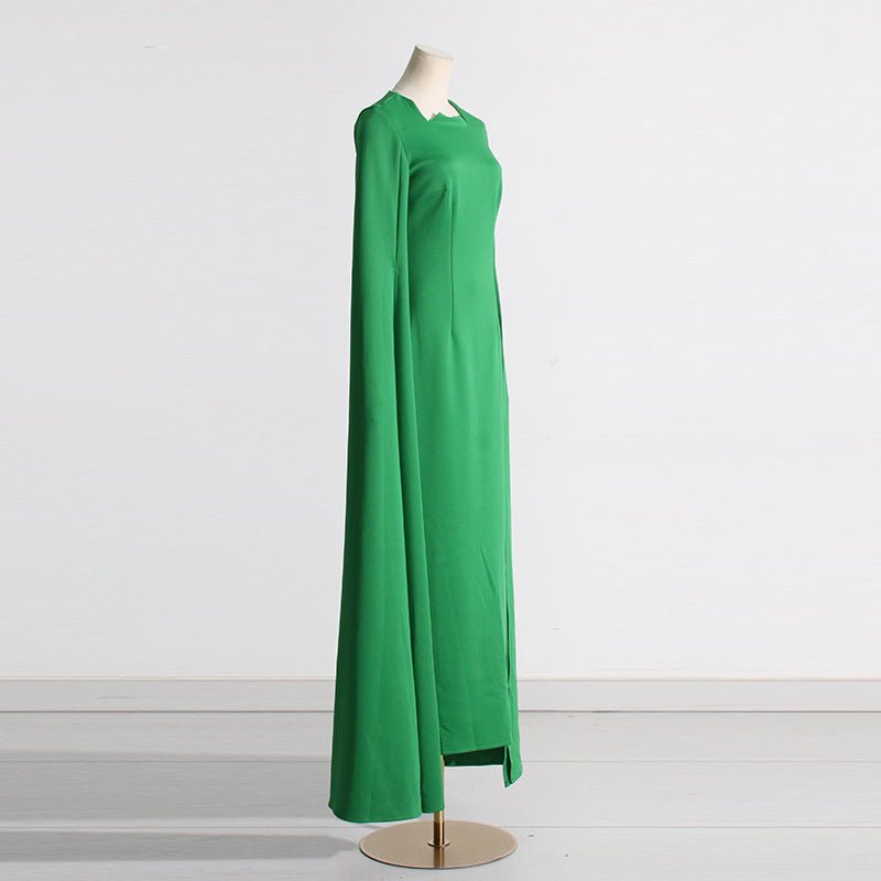Cape Sleeve Evening Gown | Scalloped Neck Fitted Maxi Dress with Back Slit(MS217)
