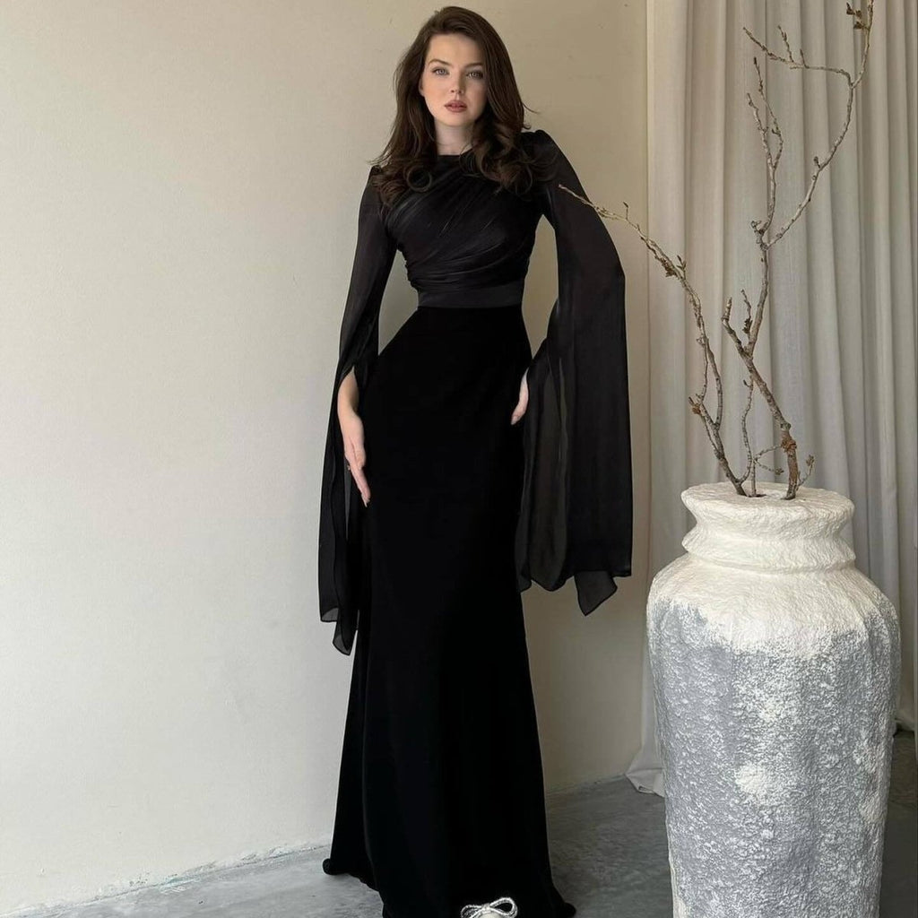 Cape Sleeve Gown with Tie-Back | Fitted Mermaid Maxi Dress(MS230)