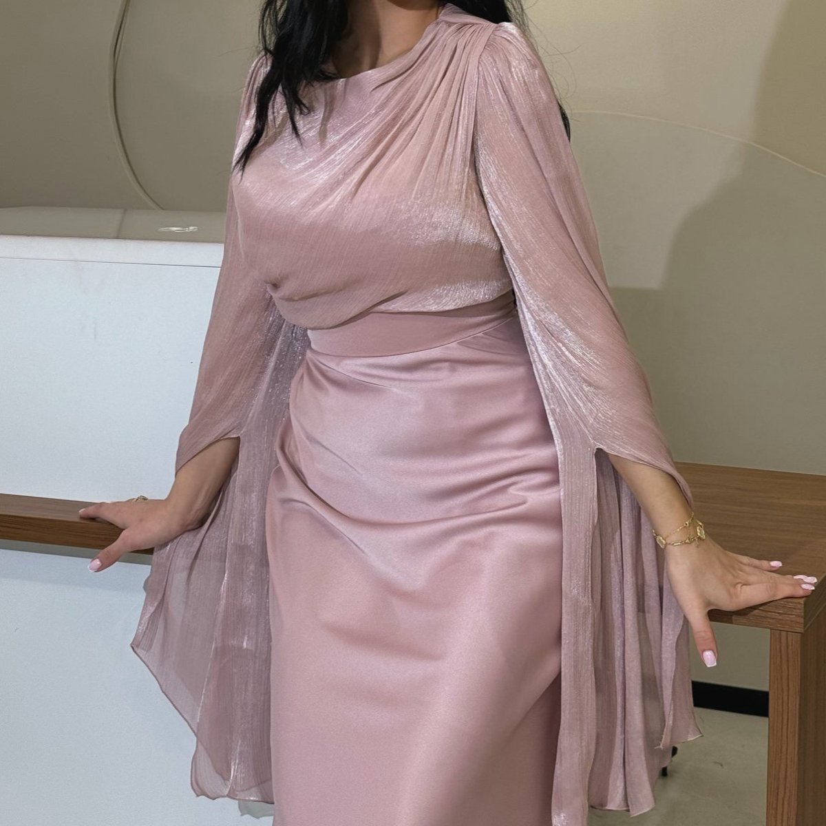 Cape Sleeve Gown with Tie-Back | Fitted Mermaid Maxi Dress(MS230)