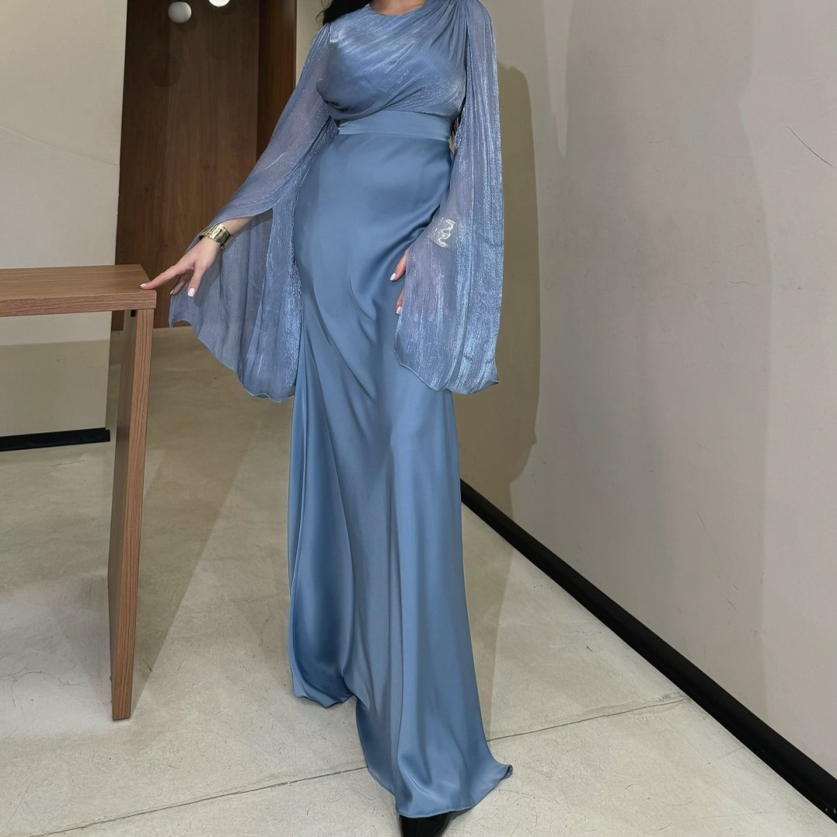 Cape Sleeve Gown with Tie-Back | Fitted Mermaid Maxi Dress(MS230)