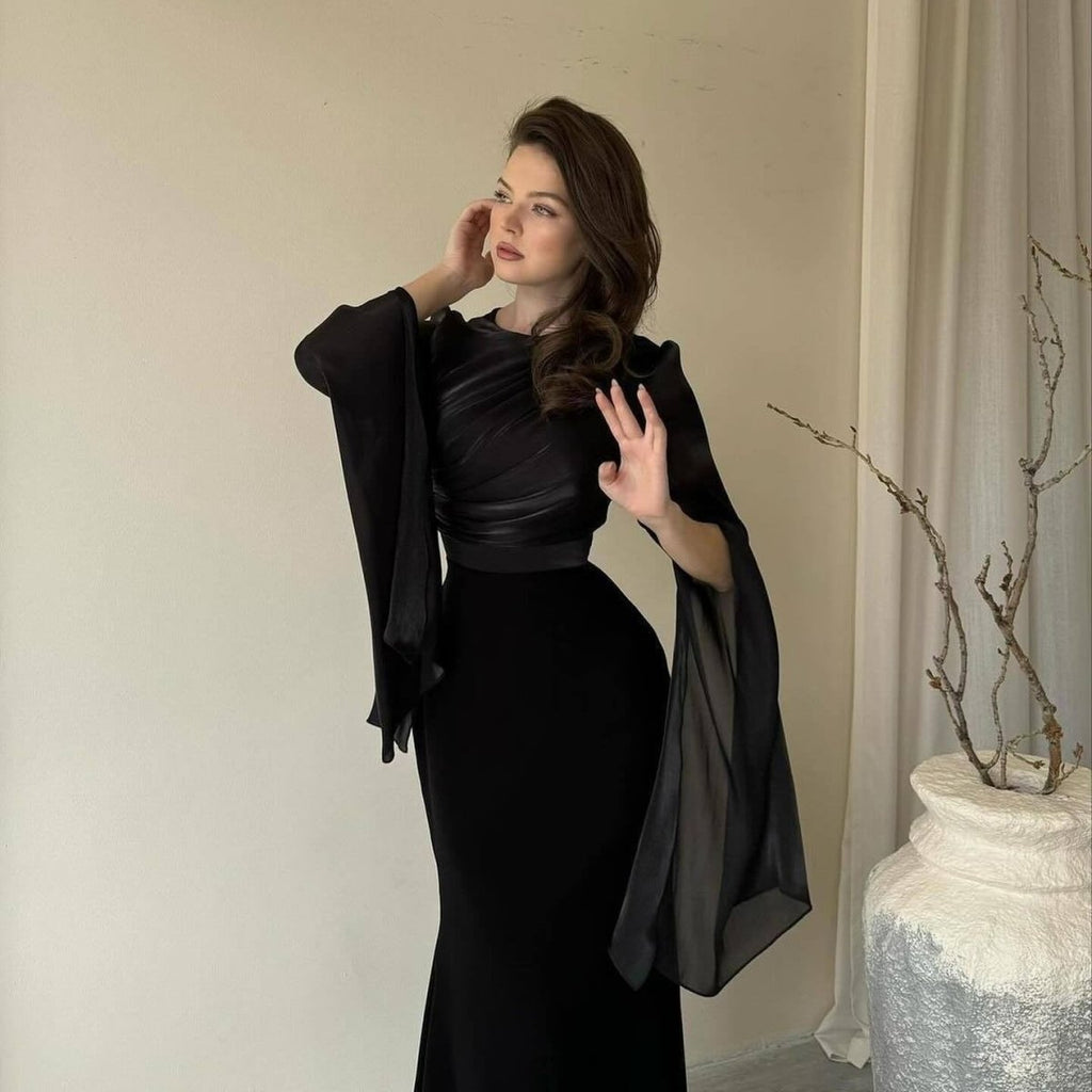 Cape Sleeve Gown with Tie-Back | Fitted Mermaid Maxi Dress(MS230)