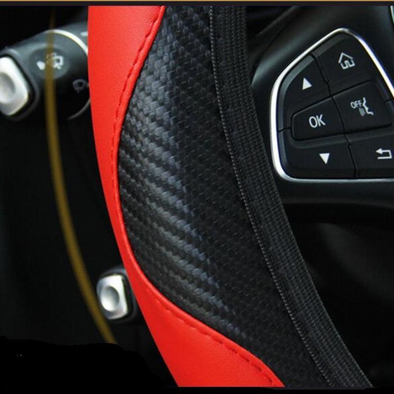 Car Steering Wheel Cover Breathable Anti Slip PU Leather Steering Covers Suitable 37-38cm Auto Decoration Carbon Fiber Thread Leather Steering Wheel Cover Heavy Duty Pure Cowhide Steering Wheel Cover, Genuine Leather Steering Wheel Cover