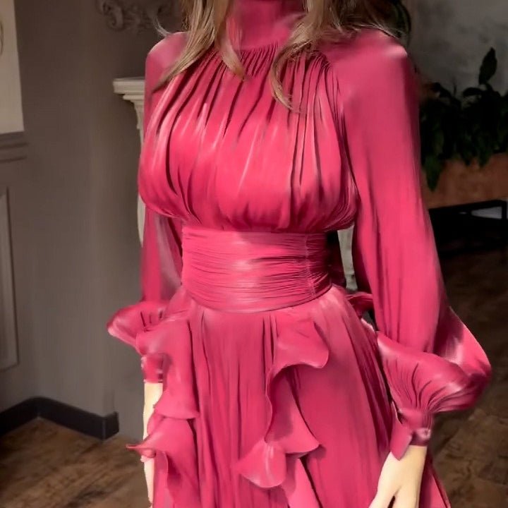 Cascading Ruffle Gown | High Neck Tie-Waist Maxi Dress(MS231)