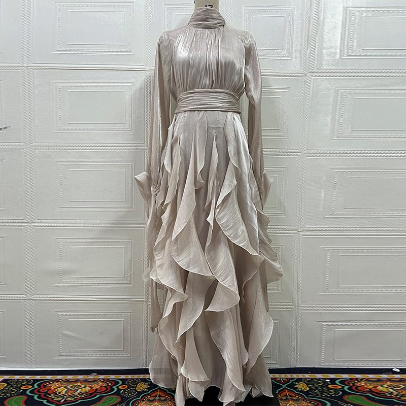Cascading Ruffle Gown | High Neck Tie-Waist Maxi Dress(MS231)