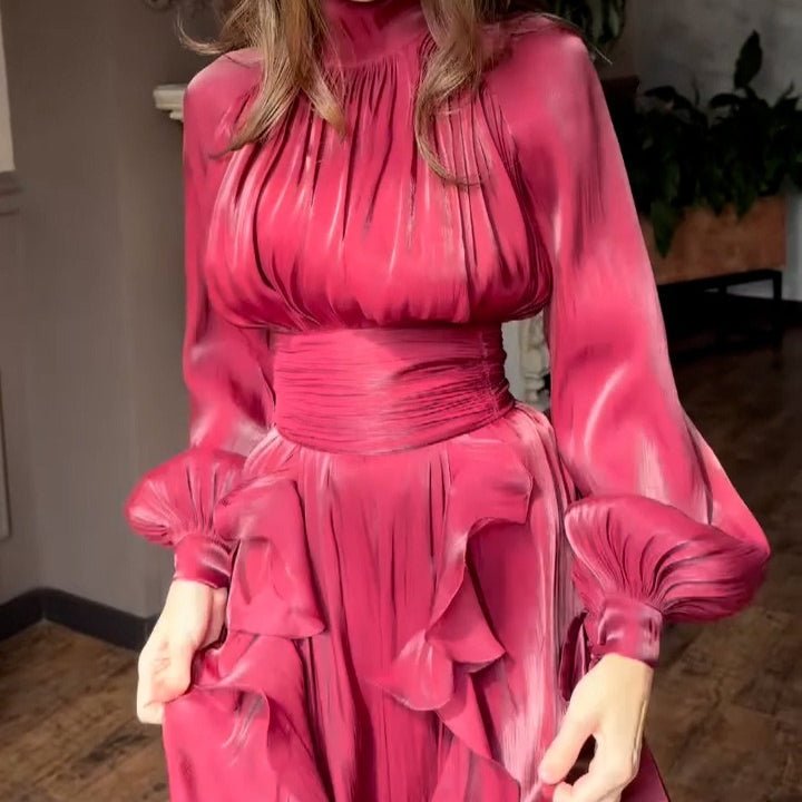Cascading Ruffle Gown | High Neck Tie-Waist Maxi Dress(MS231)