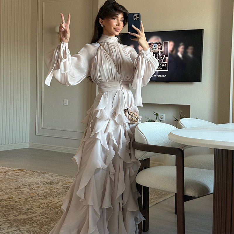 Cascading Ruffle Gown | High Neck Tie-Waist Maxi Dress(MS231)