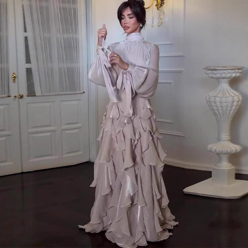 Cascading Ruffle Gown | High Neck Tie-Waist Maxi Dress(MS231)