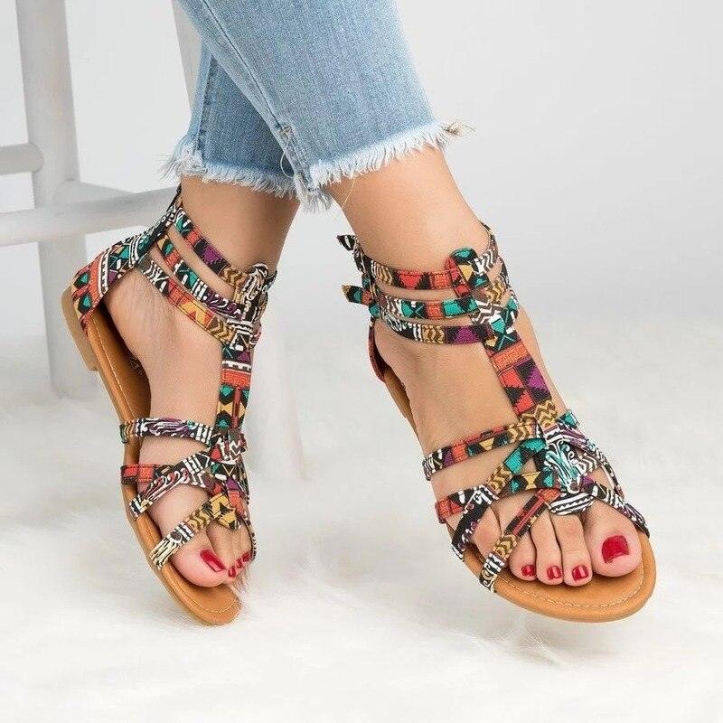 Casual Sandals Shoes Women Colorful Summer Flat Ankle Strap Sandals Shoes Flats Sandals For Women Dressy Strappy Flat Open Toe Sandals Wide Comfortable Leather Sandals