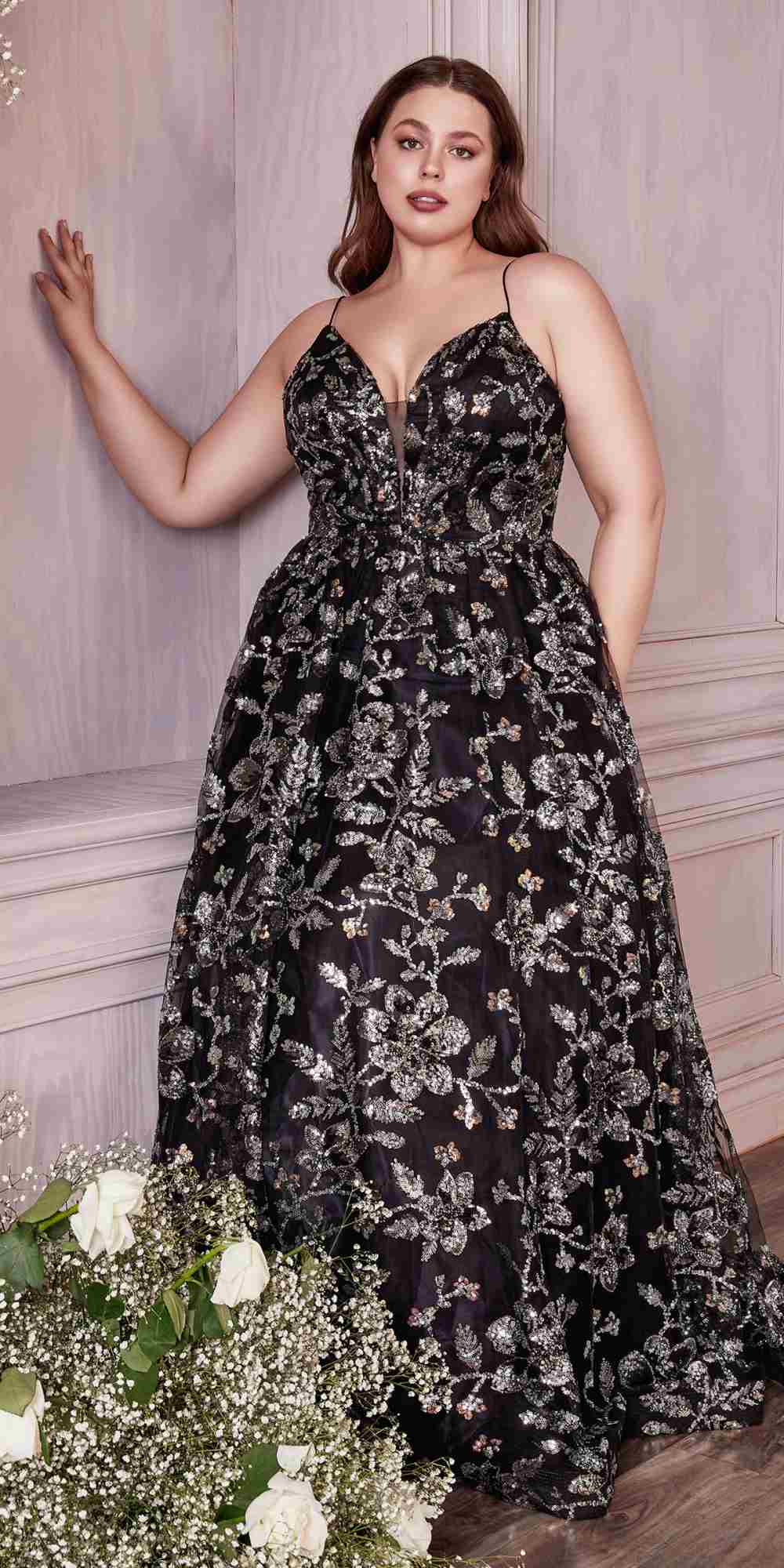 Cinderella Divine CB073 Floor Length Luminescent Floral Sequin Print Ball Gown