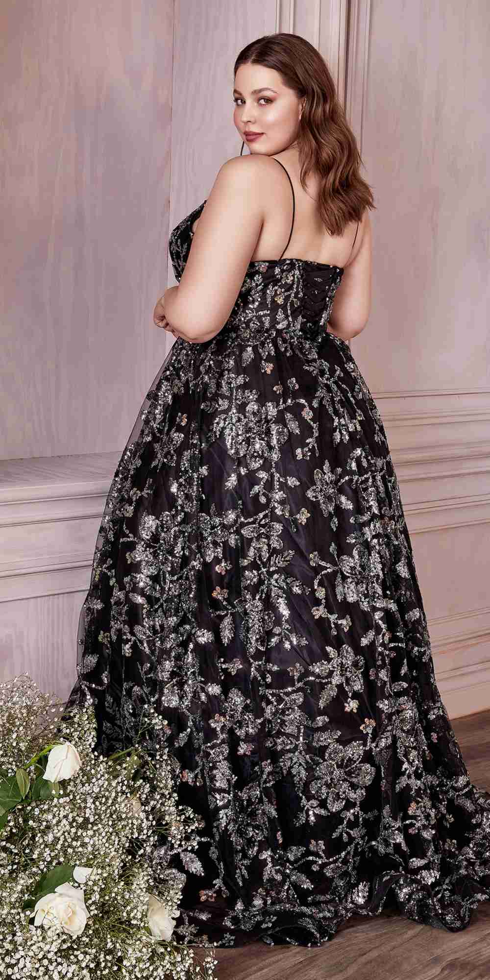 Cinderella Divine CB073 Floor Length Luminescent Floral Sequin Print Ball Gown