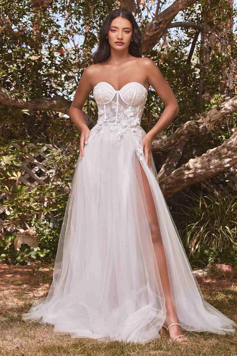 Cinderella Divine CB080W Long Strapless Tulle Floral Ball Gown