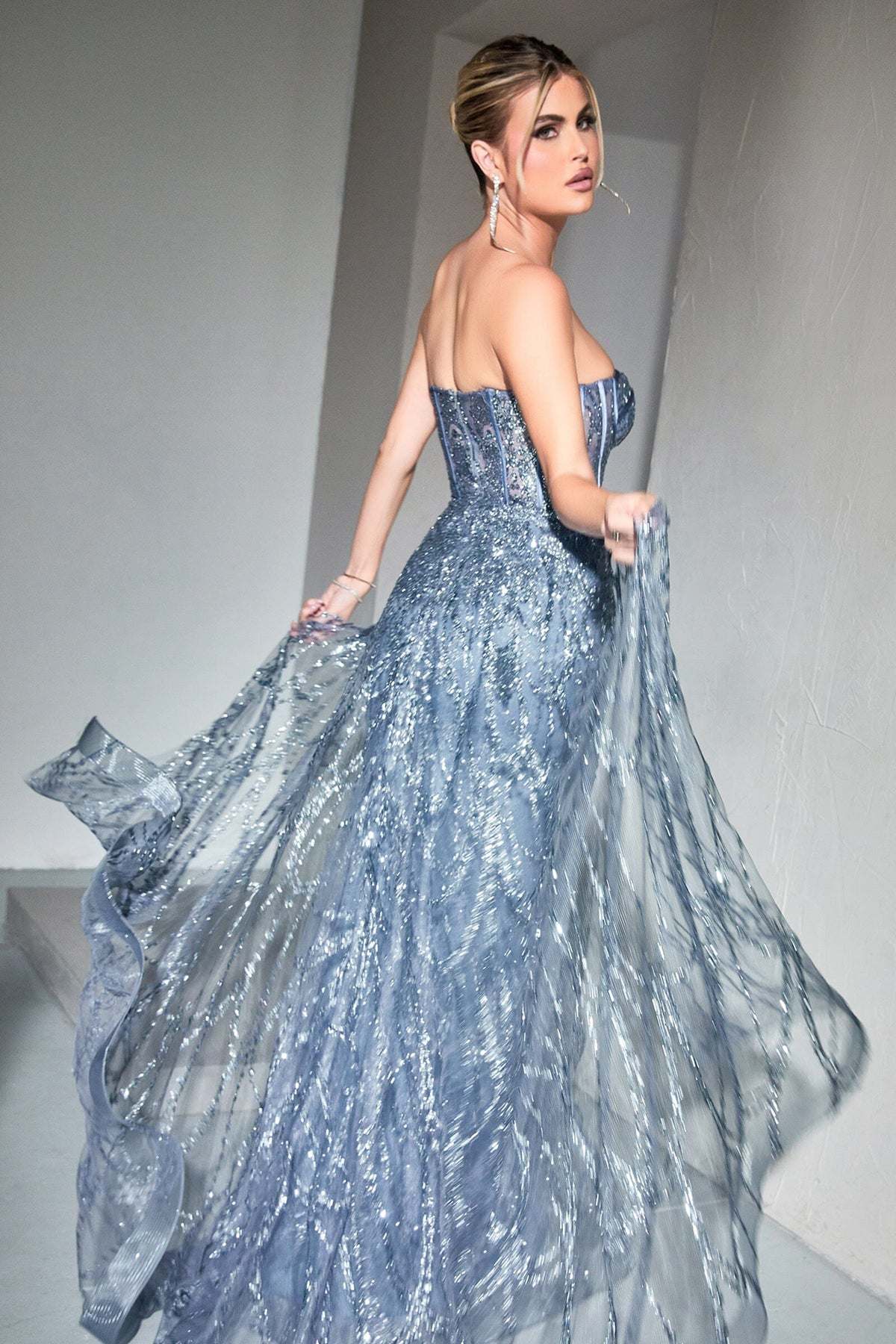 Cinderella Divine CB095 Strapless Lace Fitted Gown with Over Skirt