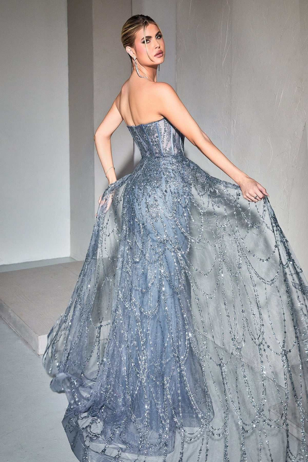 Cinderella Divine CB095 Strapless Lace Fitted Gown with Over Skirt