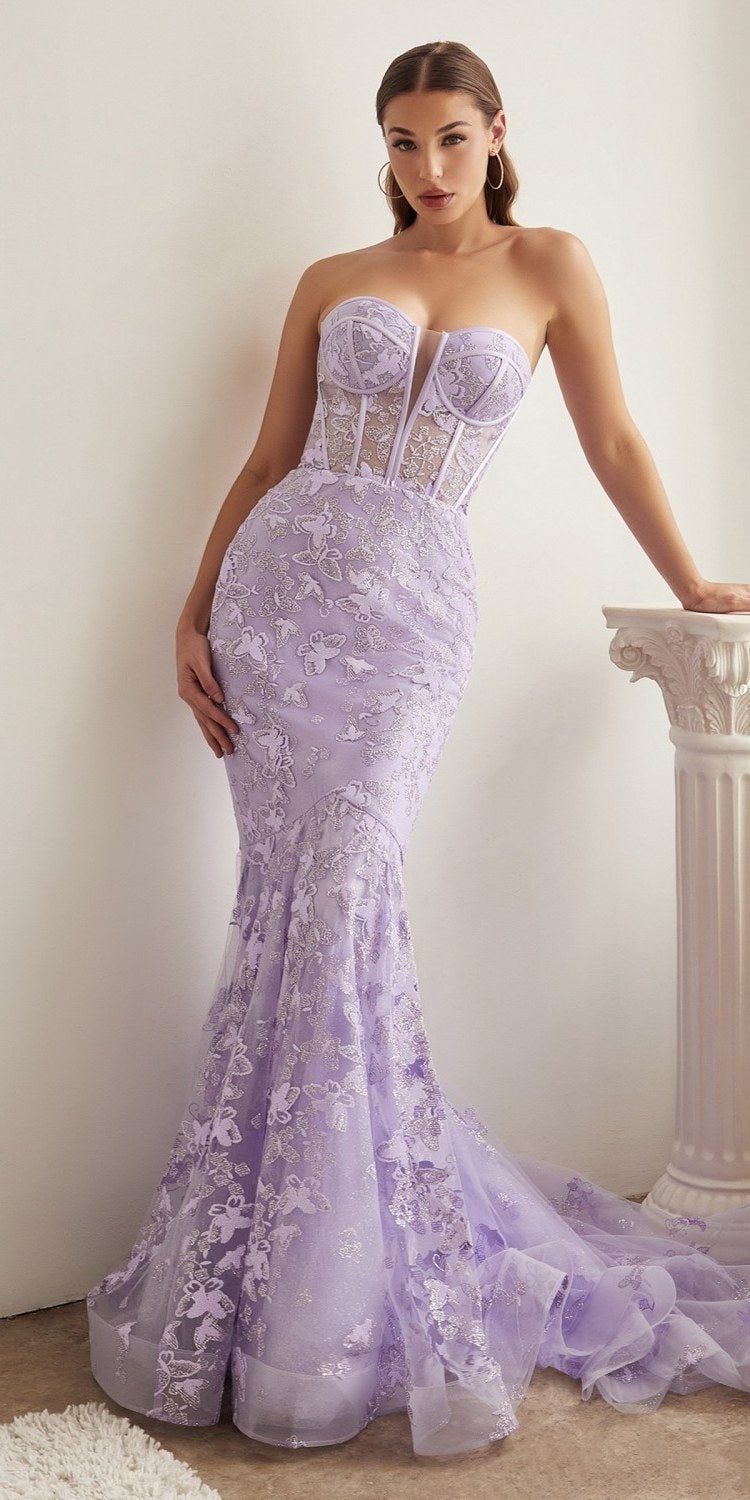 Ladivine CB099 Long Strapless Butterfly Print Mermaid Gown
