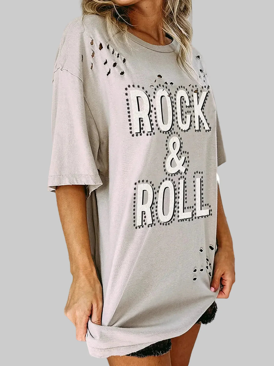 Women ROCK & ROLL Round Neck Dropped Shoulder Short Sleeve T-Shirt